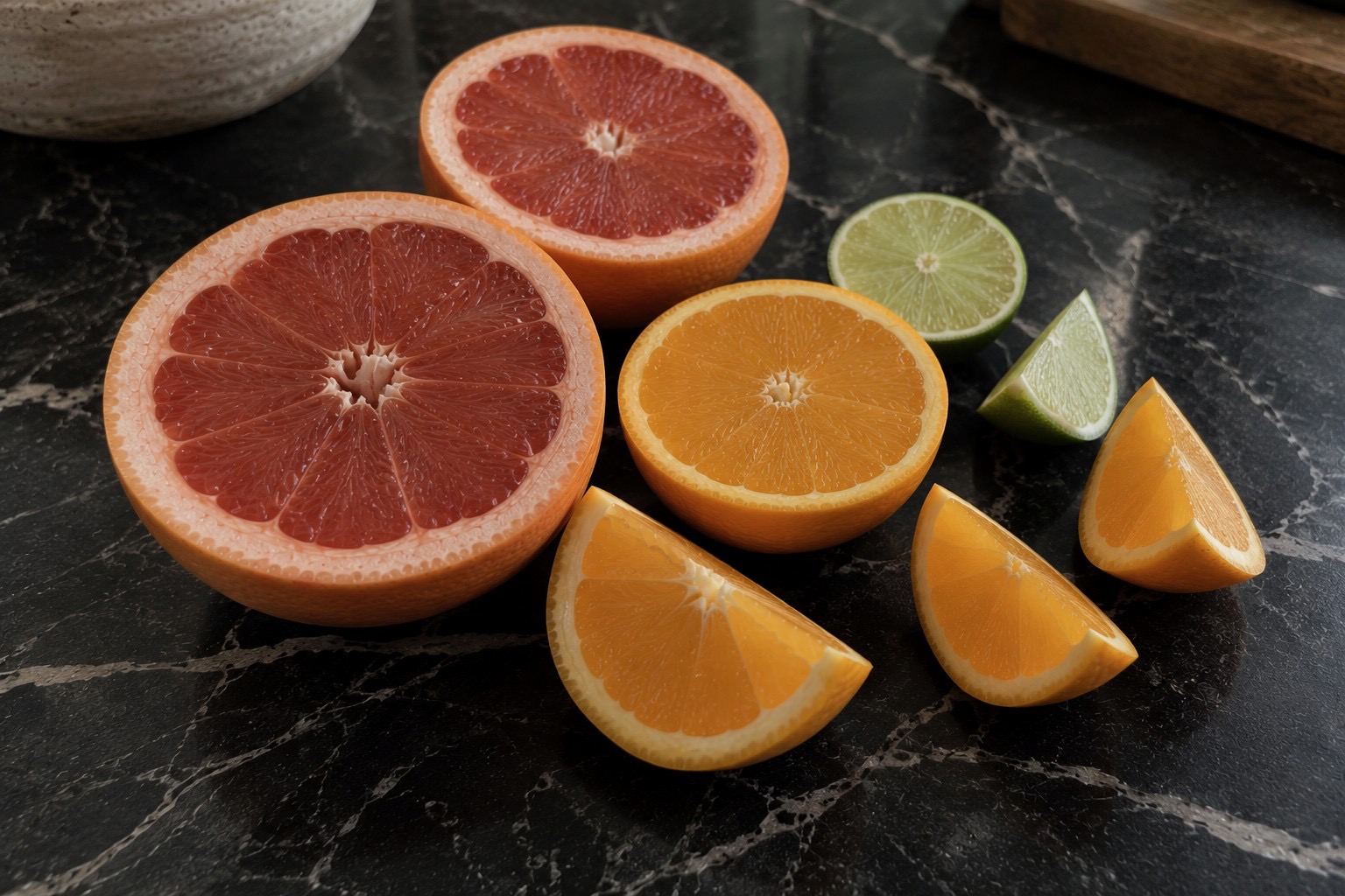 Fresh grapefruit, orange and lime on a dark stone surface