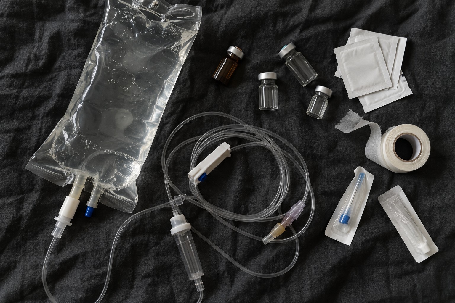 Flat lay of the sterile IV supplies a Drip+ nurse brings to every visit