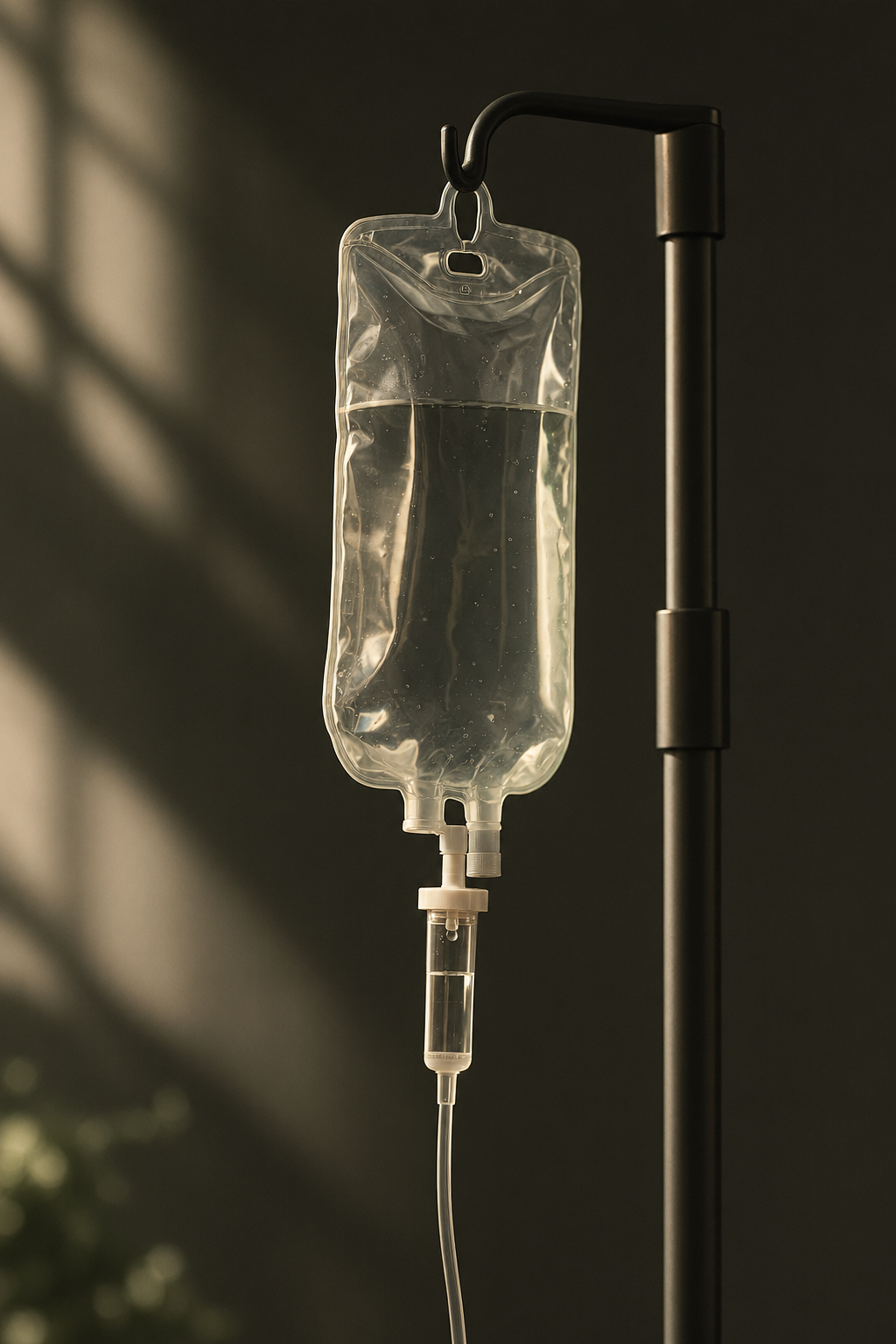 IV fluid bag hanging from a stand